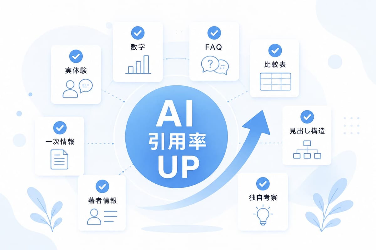 「AI引用率UP」を中心に、実体験・数字・FAQ・比較表・見出し構造・独自考察・著者情報・一次情報の8項目にチェックが付いた図